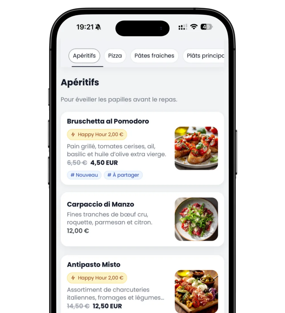 Capture d’écran d’un menu gastronomique italien personnalisé avec des photos de plats et une mise en page élégante