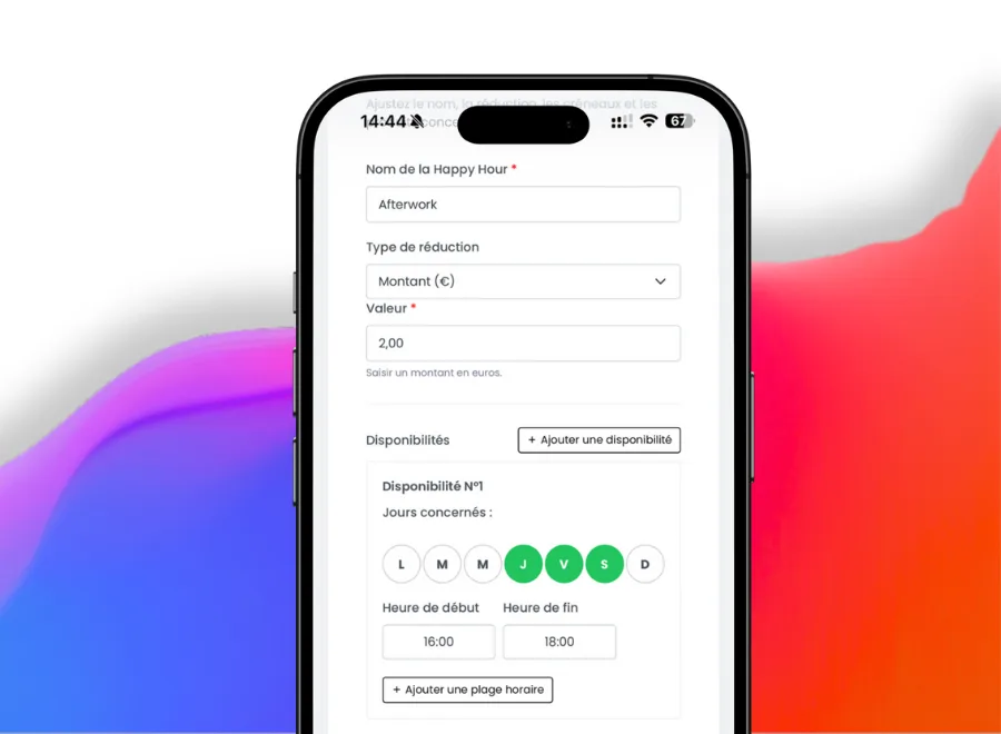 Interface mobile de création de promotion Happy Hour avec programmation des horaires et tarifs