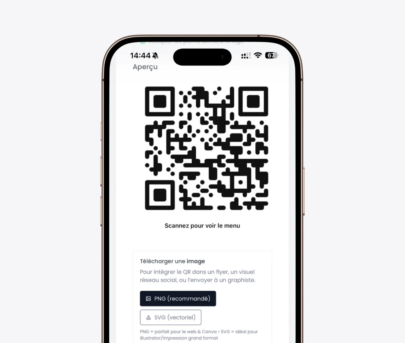 Capture d’écran d’un QR code sur smartphone avec option de téléchargement en PNG ou SVG pour un menu de restaurant