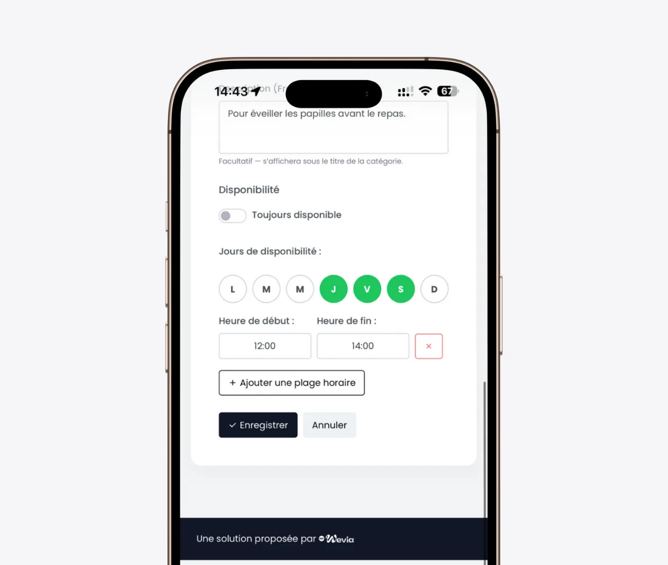 Interface mobile de gestion des disponibilités pour un menu de restaurant avec programmation des horaires