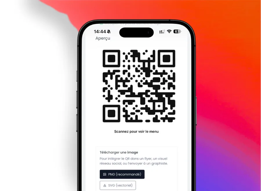 QR code généré par MonQrMenu pour accéder à un menu digital avec options de téléchargement en PNG ou SVG