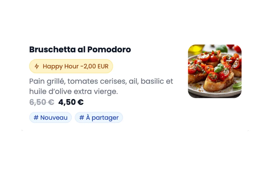 Bruschetta al Pomodoro présentée avec son prix en promotion Happy Hour sur un menu digital