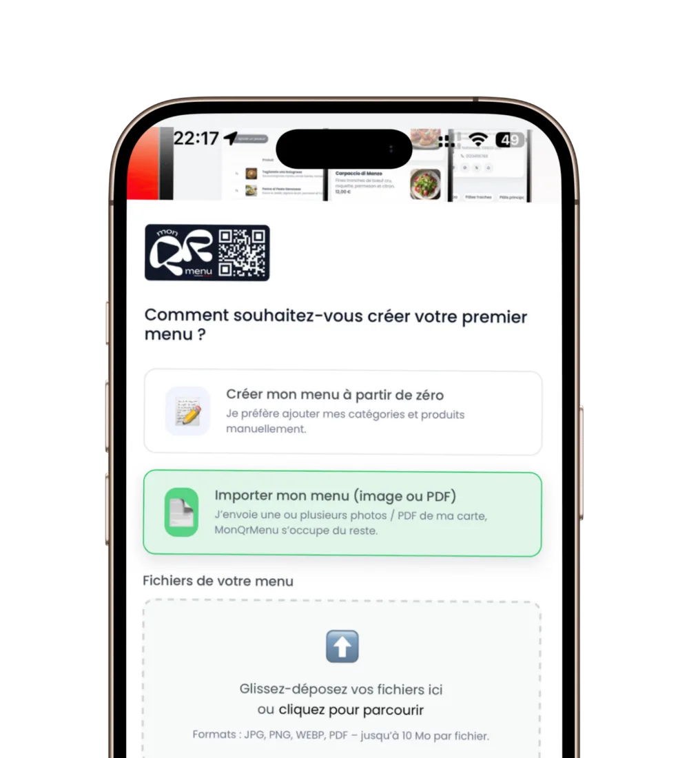 Interface mobile de MonQrMenu montrant les options de création de menu : import PDF ou création manuelle