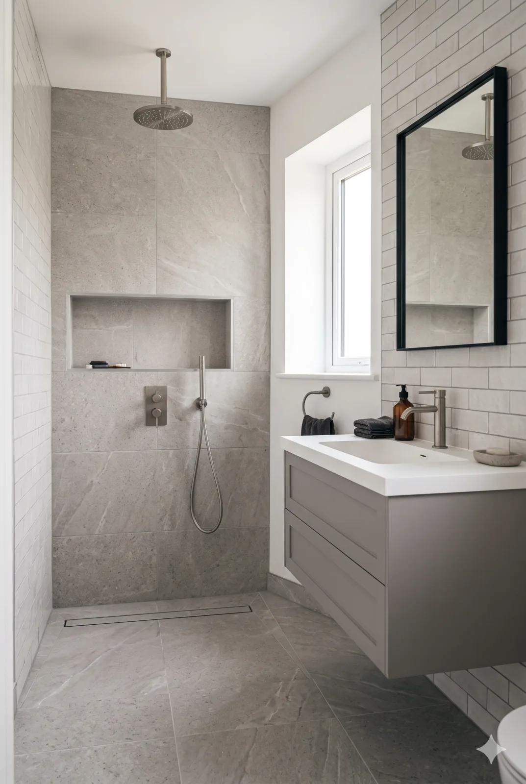 Salle de bain moderne avec poêle à granulés intégré, illustrant une installation esthétique et performante