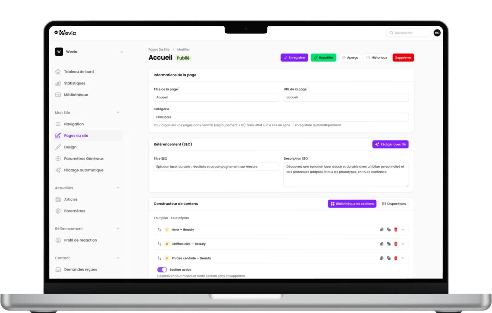 Interface d'administration d'un site web permettant de modifier facilement les pages et le référencement SEO sans compétence technique