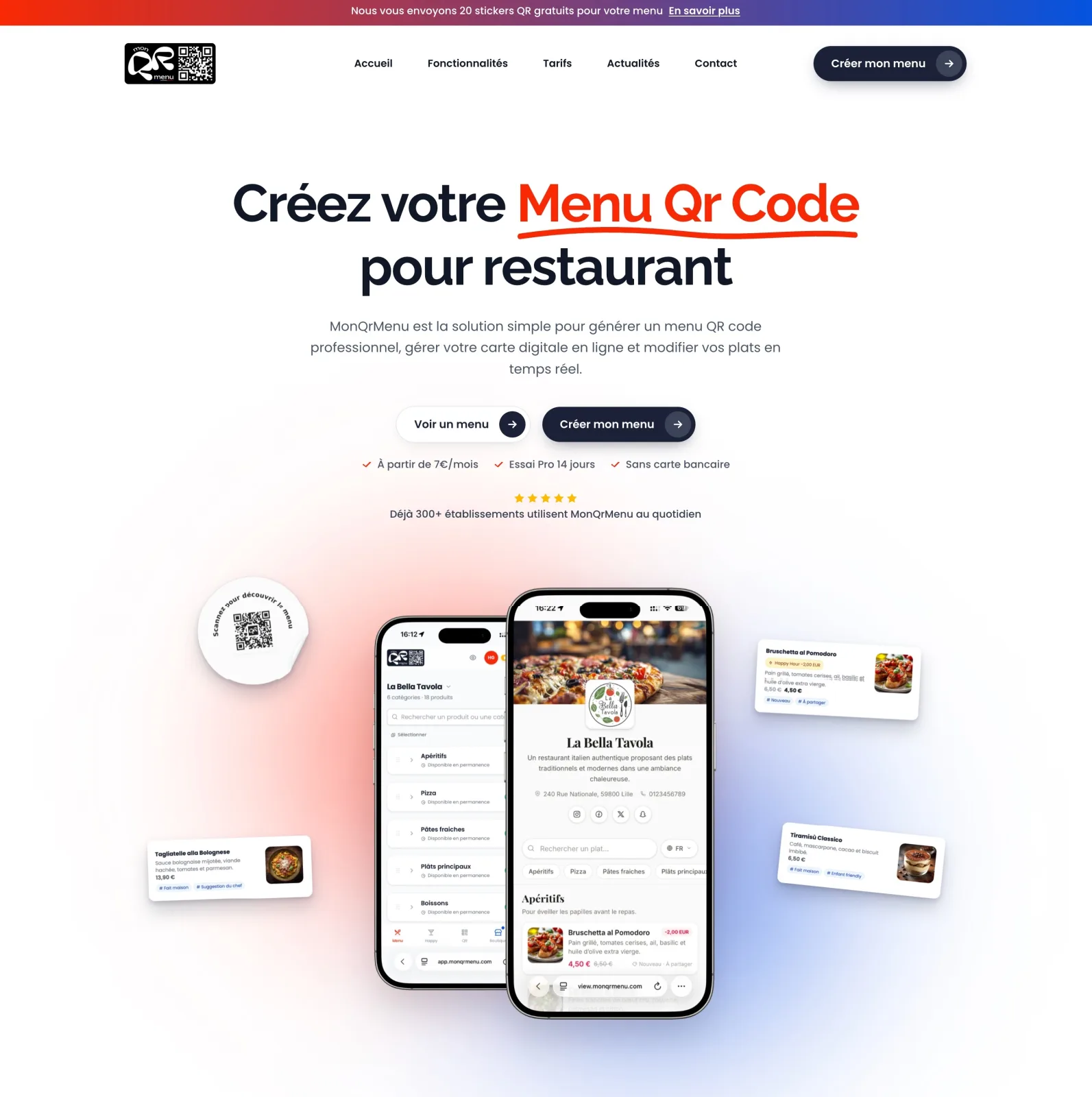 Interface intuitive d'un service de création de menus QR code pour restaurants, affichant un menu digital modifiable