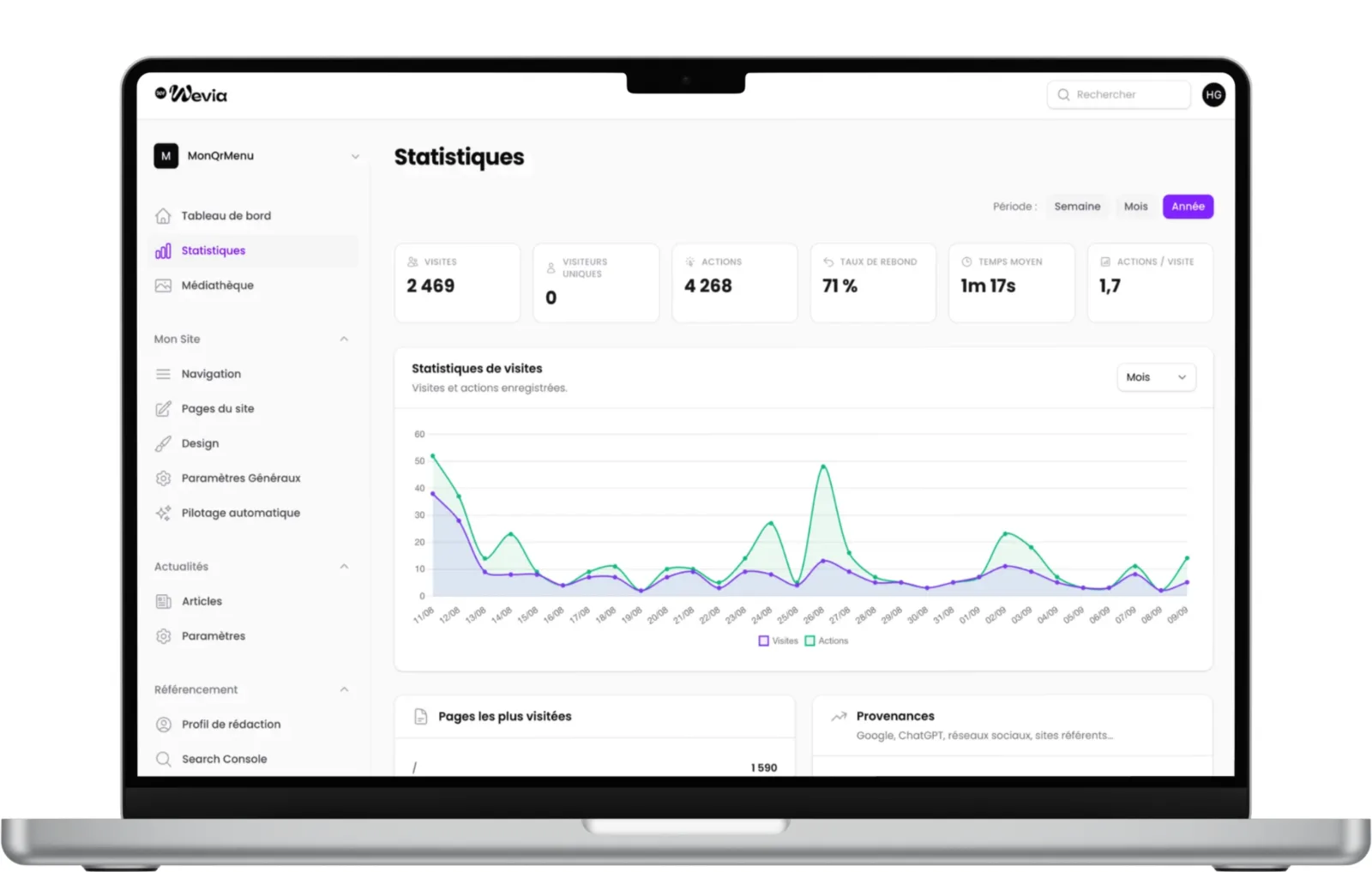 Interface d'analyse de statistiques web affichant un graphique de visites et des métriques clés pour le suivi des performances d'un site