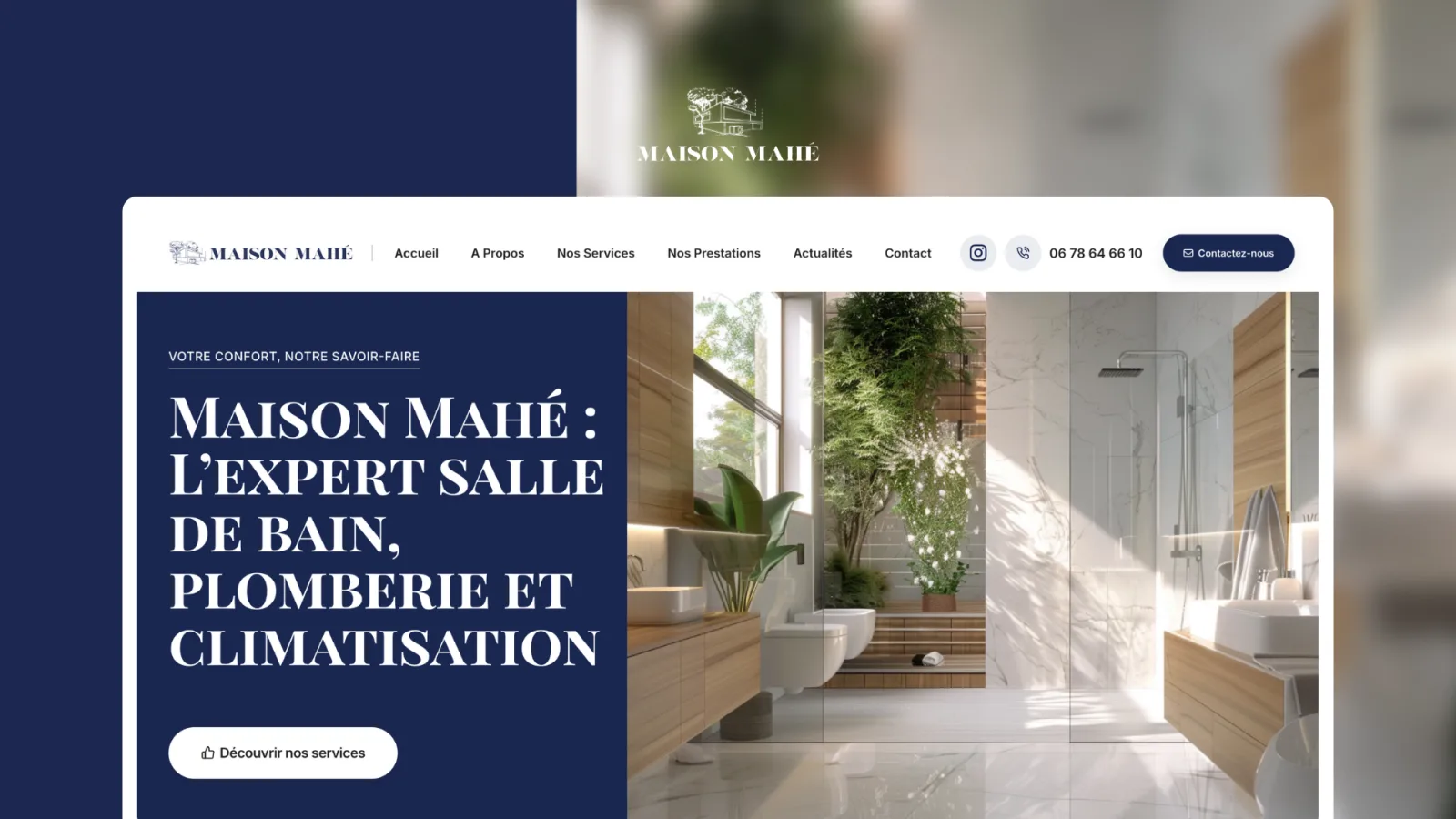 Bannière d'accueil d'un site web pour une entreprise spécialisée en salle de bain, plomberie et climatisation à Lille