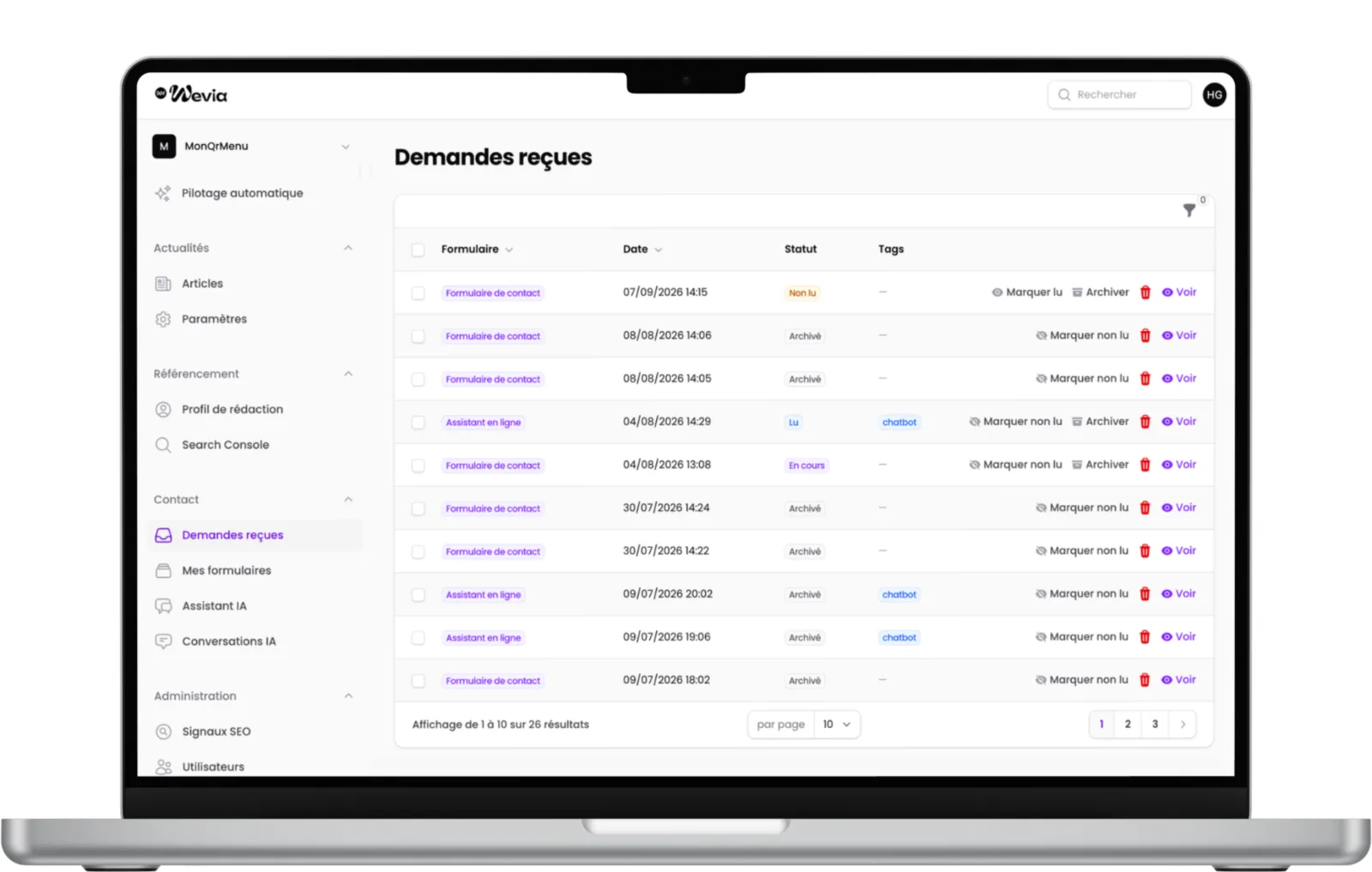 Interface d'administration affichant une liste de demandes clients reçues avec options de gestion, illustrant la centralisation des leads.